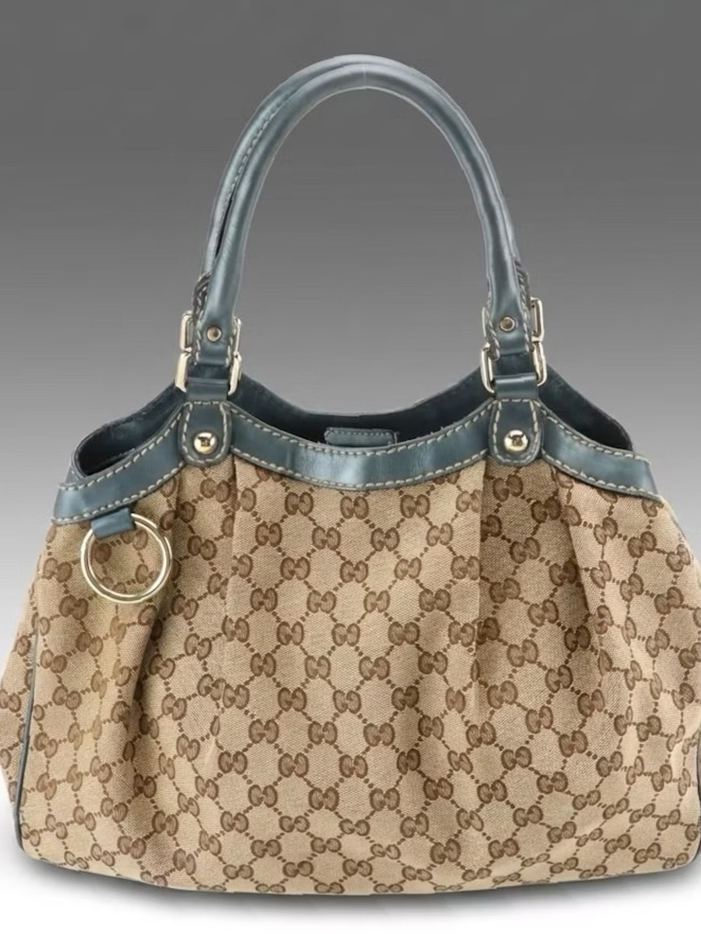 Gucci Beige GG Monogram Shoulder Bag with Blue Trim